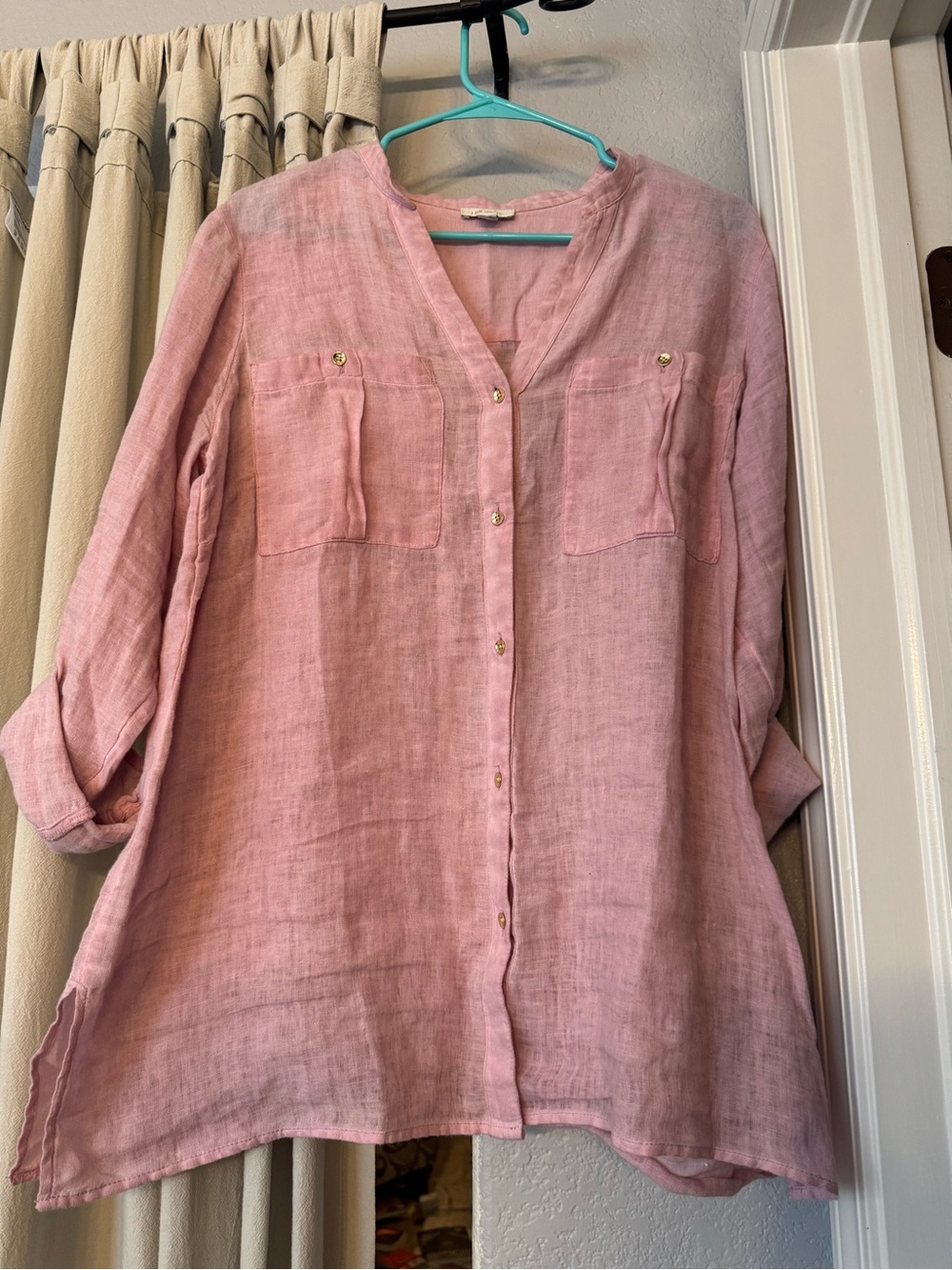 J. Jill Pink Linen Button-Front Tunic Shirt
